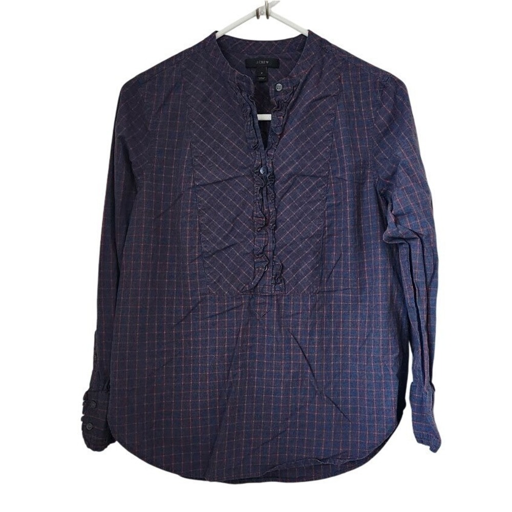 J.Crew Womens Navy Red Windowpane Plaid Ruffle Bib Cotton Blouse Top Size 2 237